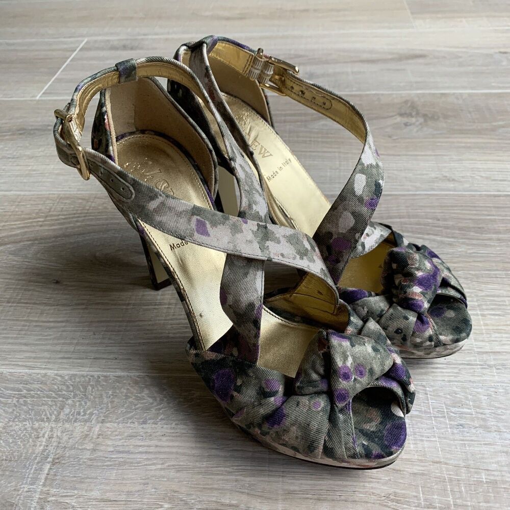 J. Crew Heels Floral Peep Toe Platform Green Purple Ankle Sandals 7.5 $295 Italy